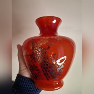 Elegant Red Vase with Peacock Design